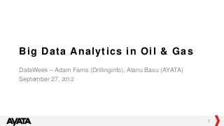Big Data Analytics in Oil & Gas
DataWeek – Adam Farris (Drillinginfo), Atanu Basu (AYATA)
September 27, 2012




                                                            1
 