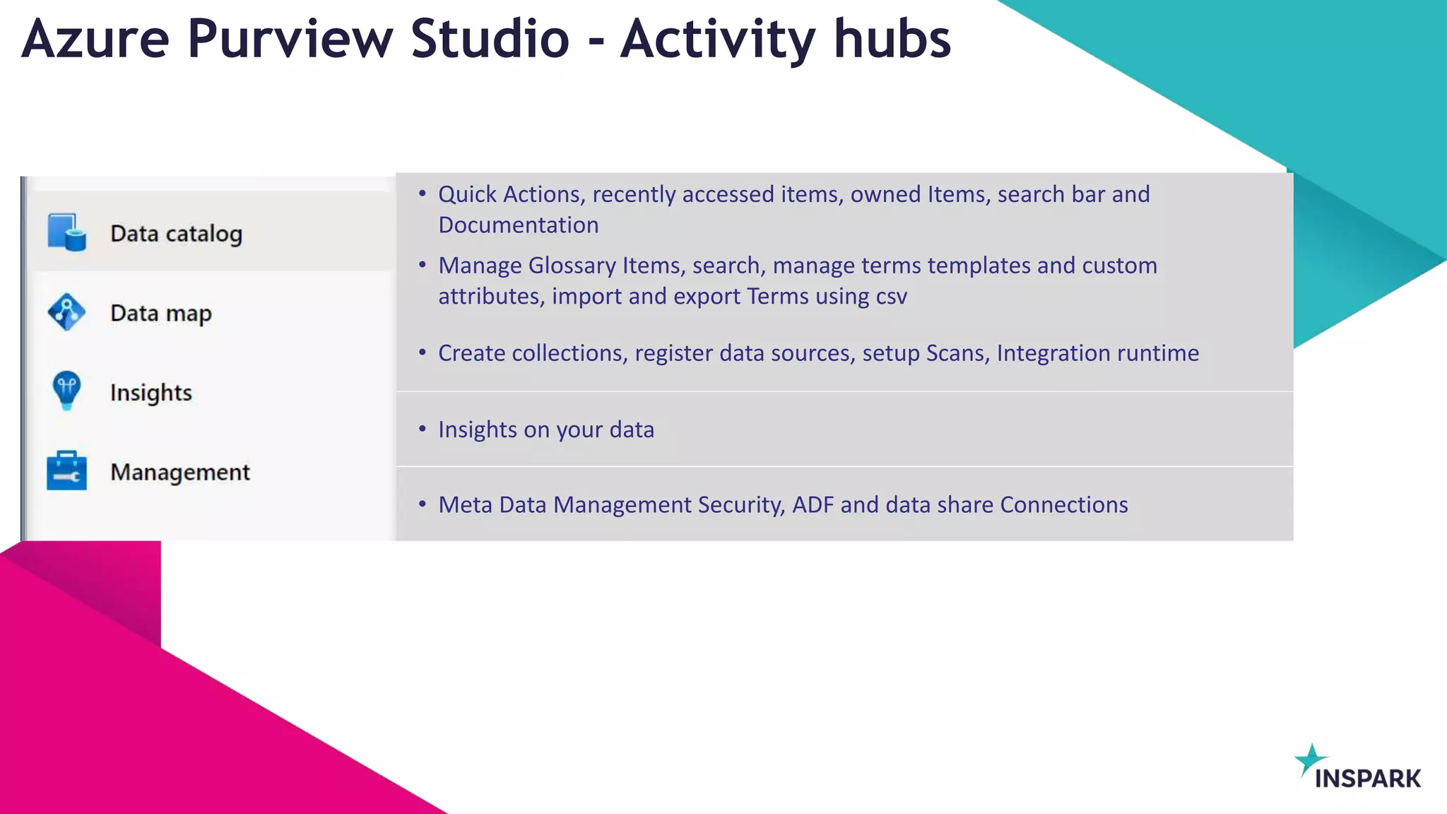 InSpark
• Quick Actions, recently accessed items, owned Items, search bar and
Documentation
Azure Purview Studio - Activity hubs
• Create collections, register data sources, setup Scans, Integration runtime
• Manage Glossary Items, search, manage terms templates and custom
attributes, import and export Terms using csv
• Insights on your data
• Meta Data Management Security, ADF and data share Connections
 