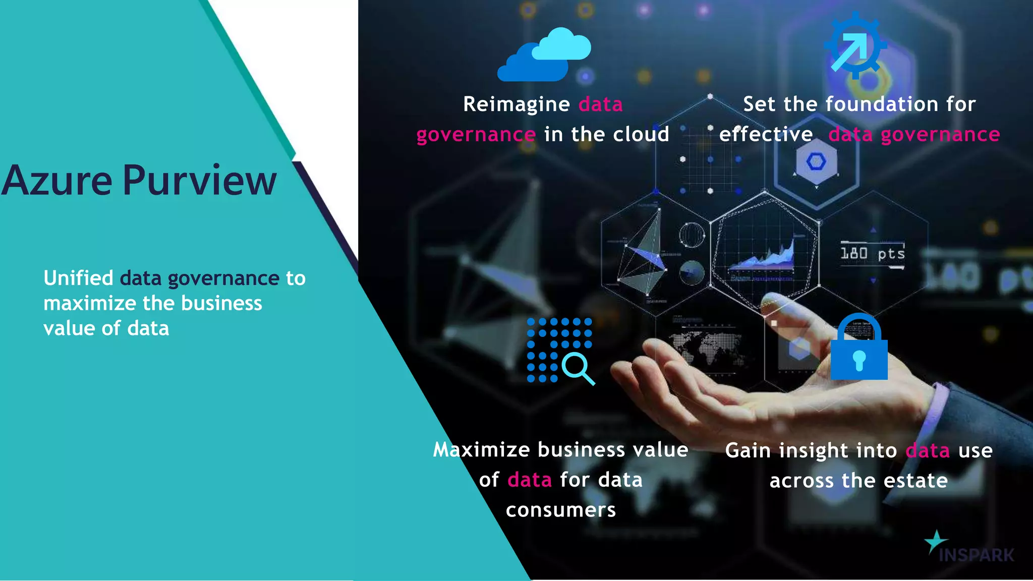 InSpark
Unified data governance to
maximize the business
value of data
Azure Purview
Reimagine data
governance in the cloud
Set the foundation for
effective data governance
Maximize business value
of data for data
consumers
Gain insight into data use
across the estate
 