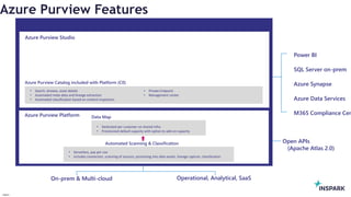 InSpark
Azure Purview Features
Azure Purview
Azure Purview Platform
Azure Purview Studio
Automated Scanning & Classification
• Dedicated per customer on shared infra
• Provisioned default capacity with option to add-on capacity
Data Map
• Serverless, pay per use
• Includes connectors, scanning of sources, processing into data assets, lineage capture, classification
• Search, browse, asset details
• Automated meta-data and lineage extraction
• Automated classification based on content inspection
• Private Endpoint
• Management center
On-prem & Multi-cloud Operational, Analytical, SaaS
Azure Purview Catalog included with Platform (C0)
Power BI
SQL Server on-prem
Azure Synapse
Azure Data Services
M365 Compliance Cen
Open APIs
(Apache Atlas 2.0)
 