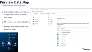 InSpark
Purview Data Map
 Automated metadata scanning and
lineage identification of hybrid
data stores
 200+ built-in and custom classifiers
 Microsoft Information Protection
sensitivity labels
Unify and make data meaningful
 