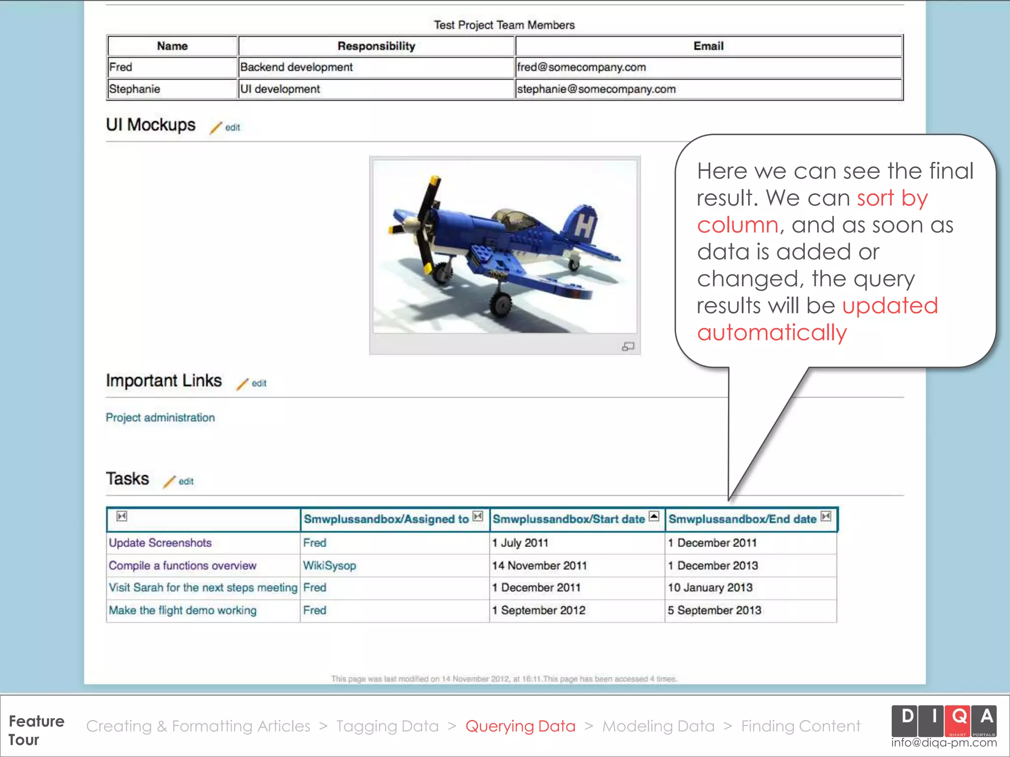 Here we can see the final
                                                                                        result. We can sort by
                                                                                        column, and as soon as
                                                                                        data is added or
                                                                                        changed, the query
                                                                                        results will be updated
                                                                                        automatically




Feature Creating & Formatting Articles > Tagging Data > Querying2012 DIQA Modeling Data > Finding Content
     DataWiki Product Presentation, 21.11.12                  © Data > Projektmanagement GmbH | www.diqa-pm.com | Slide 34
Tour                                                                                                           info@diqa-pm.com
 