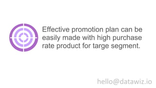 Effective promotion plan can be
easily made with high purchase
rate product for targe segment.
hello@datawiz.io
 