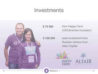 Investments
from Happy Farm
(US/Ukrainian incubator)
seed investment from
Russian venture fund
Altair Capital
$ 75 000
$ 1...