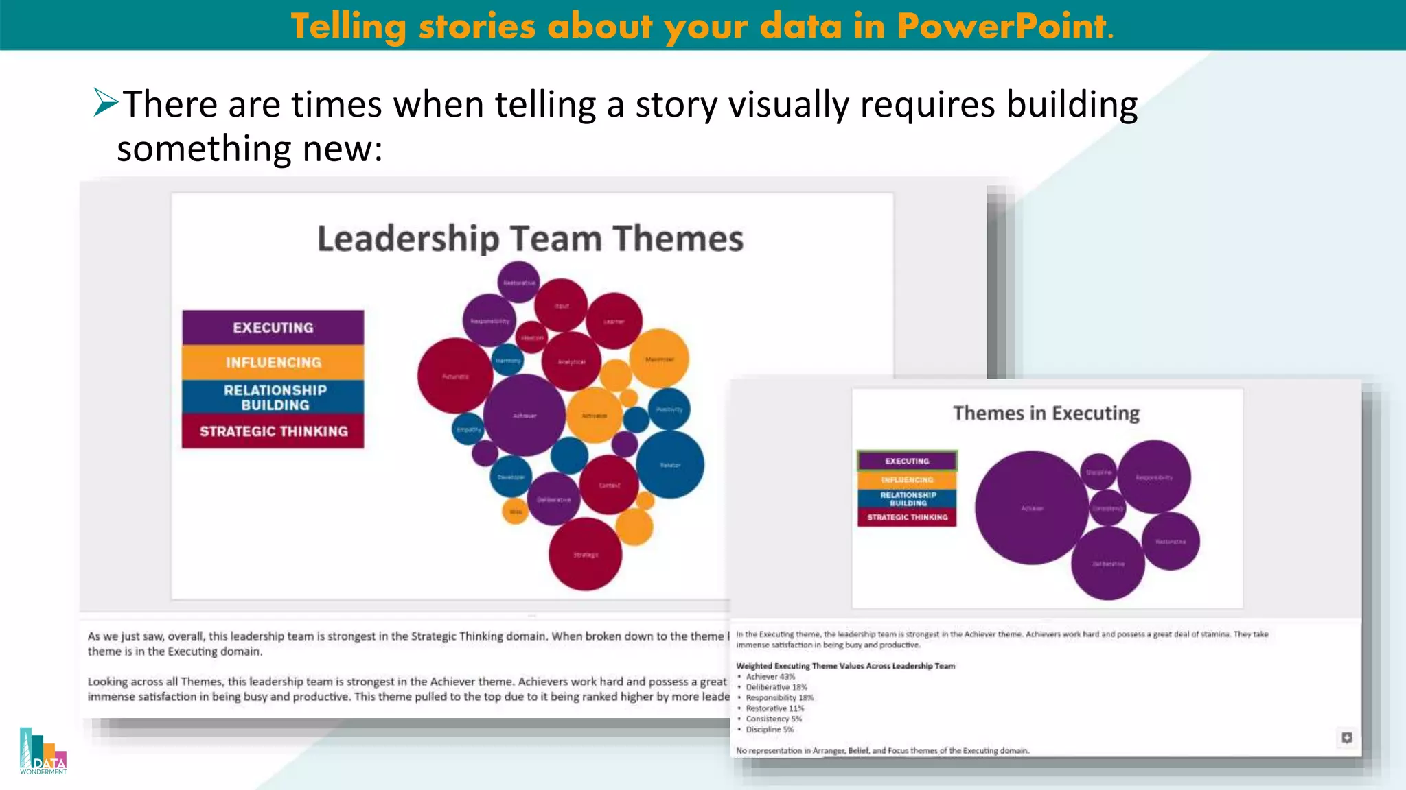 Telling stories about your data in PowerPoint.
There are times when telling a story visually requires building
something new:
 
