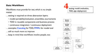 Data Workﬂows	

Workﬂows must provide for test, which is no simple  
matter	

…testing is required on three abstraction layers:	

• model portability/evaluation, ensembles, tournaments	

• TDD in reusable components and business process	

• continuous integration / continuous deployment	

…examples: Cascalog for TDD, PMML for model eval	

…still so much more to improve	

…keep in mind that workﬂows involve people, too	

testing: model evaluation,
TDD, app deployment
4
Cluster
Scheduler
Planners/
Optimizers
Clusters
DSLs
Machine
Data
• app history
• util stats
• bottlenecksMixed
Topologies
Business
Process
Reusable
Components
Portable
Models
• data lineage
• schema propagation
• feature selection
• tournaments
 