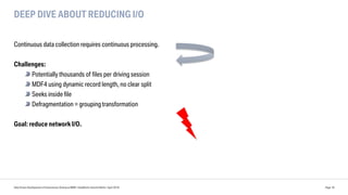 DEEP DIVE ABOUT REDUCING I/O
Continuous data collection requires continuous processing.
Challenges:
Potentially thousands of files per driving session
MDF4 using dynamic record length, no clear split
Seeks inside file
Defragmentation = groupingtransformation
Goal: reduce network I/O.
Data Driven Development of Autonomous Driving at BMW | DataWorks Summit Berlin | April 2018 Page 18
 