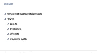AGENDA
Why Autonomous Driving requires data
How we
get data
process data
serve data
ensure data quality
Data Driven Development of Autonomous Driving at BMW | DataWorks Summit Berlin | April 2018 Page 3
 