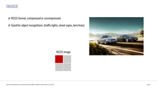 IMAGE
Data Driven Development of Autonomous Driving at BMW | DataWorks Summit Berlin | April 2018 Page 31
RCCC Image
RCCC format, compressed or uncompressed
Good for object recognitions (traffic lights, street signs, lane lines)
 