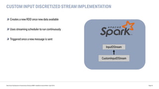 CUSTOM INPUT DISCRETIZED STREAM IMPLEMENTATION
Data Driven Development of Autonomous Driving at BMW | DataWorks Summit Berlin | April 2018 Page 44
CustomInputDStream
InputDStream
Creates a new RDD once new data available
Uses streaming scheduler to run continuously
Triggered once a new message is sent
 