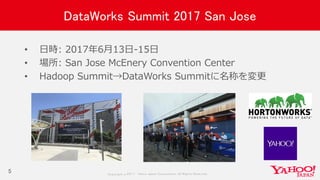 Copyrig ht © 2017 Yahoo Japan Corporation. All Rig hts Reserved.
DataWorks Summit 2017 San Jose
5
• 日時: 2017年6月13日-15日
• 場所: San Jose McEnery Convention Center
• Hadoop Summit→DataWorks Summitに名称を変更
 