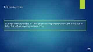 EC2 Instance Types
25
I3.2xlarge instance provided 25-120% performance improvement in our jobs mainly due to
better disk without significant increase in cost
 