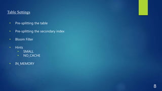 Table Settings
• Pre-splitting the table
• Pre-splitting the secondary index
• Bloom Filter
• Hints
• SMALL
• NO_CACHE
• IN_MEMORY
8
 
