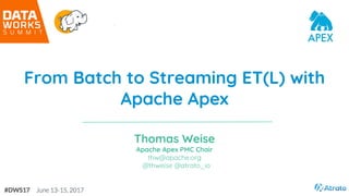 From Batch to Streaming ET(L) with
Apache Apex
Thomas Weise
Apache Apex PMC Chair
thw@apache.org
@thweise @atrato_io
 