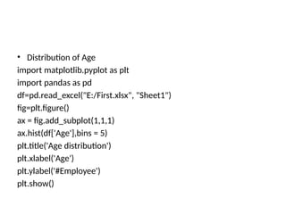 • Distribution of Age
import matplotlib.pyplot as plt
import pandas as pd
df=pd.read_excel("E:/First.xlsx", "Sheet1")
fig=plt.figure()
ax = fig.add_subplot(1,1,1)
ax.hist(df['Age'],bins = 5)
plt.title('Age distribution')
plt.xlabel('Age')
plt.ylabel('#Employee')
plt.show()
 