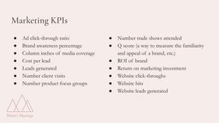 Marketing KPIs
● Ad click-through ratio
● Brand awareness percentage
● Column inches of media coverage
● Cost per lead
● Leads generated
● Number client visits
● Number product focus groups
● Number trade shows attended
● Q score (a way to measure the familiarity
and appeal of a brand, etc.)
● ROI of brand
● Return on marketing investment
● Website click-throughs
● Website hits
● Website leads generated
 