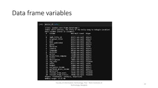 Data frame variables
Faculty of Information Technology, Thai - Nichi Institute of
Technology, Bangkok
22
 