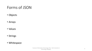 Forms of JSON
• Objects
• Arrays
• Values
• Strings
• Whitespace
Faculty of Information Technology, Thai - Nichi Institute of
Technology, Bangkok
4
 
