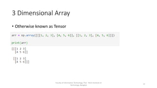 3 Dimensional Array
• Otherwise known as Tensor
Faculty of Information Technology, Thai - Nichi Institute of
Technology, Bangkok
12
 