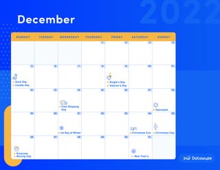 1 2 3 4
5 6 7 8 9 10 11
12 13 14 15 16 17 18
19 20 21 22 23 24 25
26 27 28 29 30 31
Christmas Eve
New Year's
Boxing Day
Kwanzee
1st Day of Winter
Hannukah
Single’s Day
Veteran’s Day
Free Shipping
Day
Candle Day
Sock Day
Christmas Day
2022
December
MONDAY TUESDAY WEDNESDAY THURSDAY FRIDAY SATURDAY SUNDAY
 