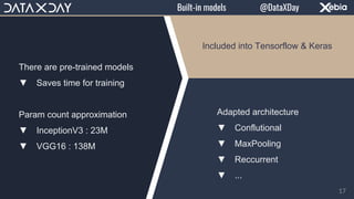 17
Built-in models
There are pre-trained models
▼ Saves time for training
Param count approximation
▼ InceptionV3 : 23M
▼ VGG16 : 138M
Included into Tensorflow & Keras
Adapted architecture
▼ Conflutional
▼ MaxPooling
▼ Reccurrent
▼ ...
@DataXDay
 