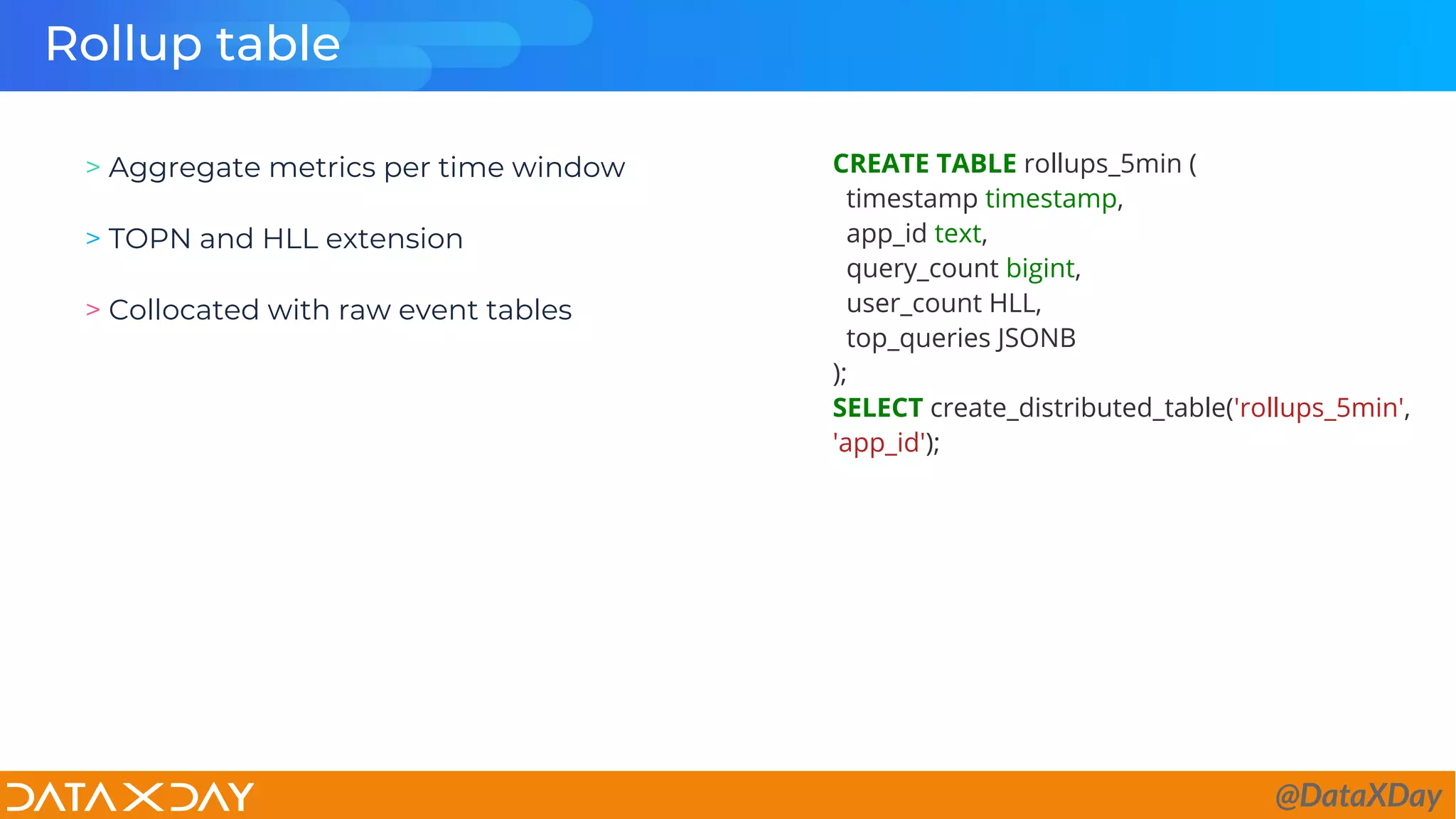 Rollup table
CREATE TABLE rollups_5min (
timestamp timestamp,
app_id text,
query_count bigint,
user_count HLL,
top_queries JSONB
);
SELECT create_distributed_table('rollups_5min',
'app_id');
> Aggregate metrics per time window
> TOPN and HLL extension
> Collocated with raw event tables
@DataXDay
 