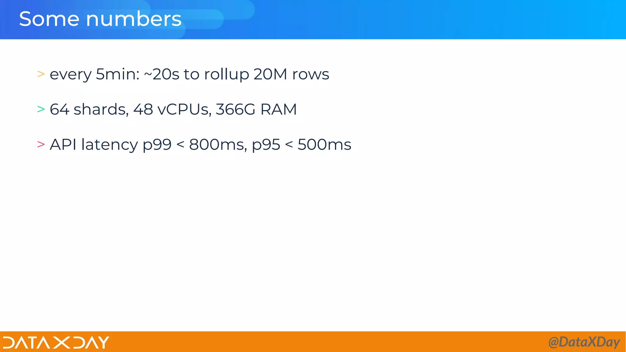 Some numbers
> every 5min: ~20s to rollup 20M rows
> 64 shards, 48 vCPUs, 366G RAM
> API latency p99 < 800ms, p95 < 500ms
@DataXDay
 
