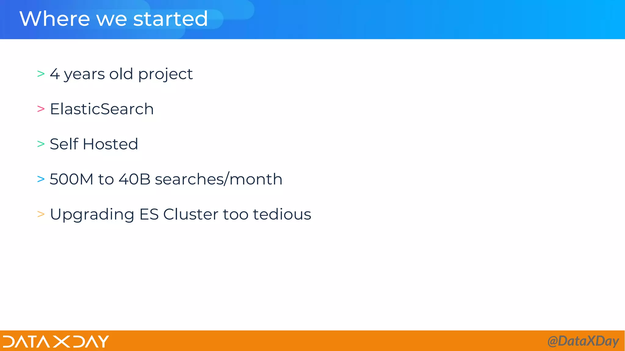 Where we started
> 4 years old project
> ElasticSearch
> Self Hosted
> 500M to 40B searches/month
> Upgrading ES Cluster too tedious
@DataXDay
 