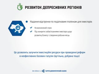 РОЗВИТОК ДЕПРЕСИВНИХ РЕГІОНІВ
На визначений строк
Під конкретні зобов’язаннями інвестора щодо
розвитку бізнесу і створення робочих місць
Надання відстрочки по податковим платежам для інвесторів:
Це дозволить залучити інвестиційні ресурси при проведенні реформ
в неефективних базових галузях (вугільна, добувна тощо)
 