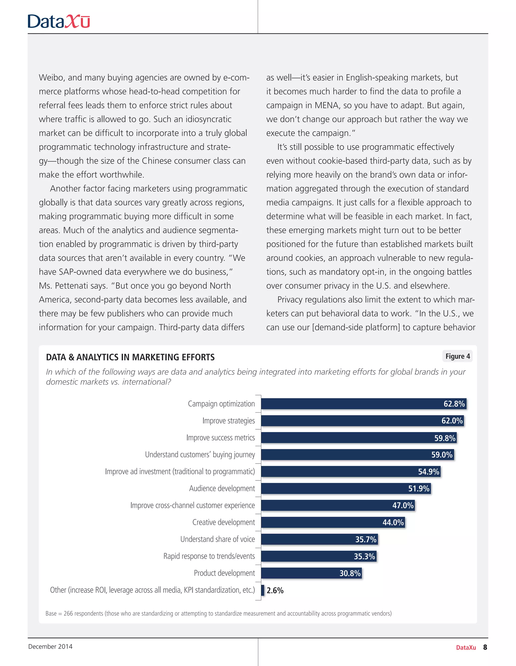 DataXu 8
Weibo, and many buying agencies are owned by e-com-
merce platforms whose head-to-head competition for
referral fees leads them to enforce strict rules about
where traffic is allowed to go. Such an idiosyncratic
market can be difficult to incorporate into a truly global
programmatic technology infrastructure and strate-
gy—though the size of the Chinese consumer class can
make the effort worthwhile.
Another factor facing marketers using programmatic
globally is that data sources vary greatly across regions,
making programmatic buying more difficult in some
areas. Much of the analytics and audience segmenta-
tion enabled by programmatic is driven by third-party
data sources that aren’t available in every country. “We
have SAP-owned data everywhere we do business,”
Ms. Pettenati says. “But once you go beyond North
America, second-party data becomes less available, and
there may be few publishers who can provide much
information for your campaign. Third-party data differs
as well—it’s easier in English-speaking markets, but
it becomes much harder to find the data to profile a
campaign in MENA, so you have to adapt. But again,
we don’t change our approach but rather the way we
execute the campaign.”
It’s still possible to use programmatic effectively
even without cookie-based third-party data, such as by
relying more heavily on the brand’s own data or infor-
mation aggregated through the execution of standard
media campaigns. It just calls for a flexible approach to
determine what will be feasible in each market. In fact,
these emerging markets might turn out to be better
positioned for the future than established markets built
around cookies, an approach vulnerable to new regula-
tions, such as mandatory opt-in, in the ongoing battles
over consumer privacy in the U.S. and elsewhere.
Privacy regulations also limit the extent to which mar-
keters can put behavioral data to work. “In the U.S., we
can use our [demand-side platform] to capture behavior
Figure 4DATA & ANALYTICS IN MARKETING EFFORTS
In which of the following ways are data and analytics being integrated into marketing efforts for global brands in your
domestic markets vs. international?
Base = 266 respondents (those who are standardizing or attempting to standardize measurement and accountability across programmatic vendors)
December 2014
Campaign optimization
Improve strategies
Improve success metrics
Understand customers’ buying journey
Improve ad investment (traditional to programmatic)
Audience development
Improve cross-channel customer experience
Creative development
Understand share of voice
Rapid response to trends/events
Product development
Other (increase ROI, leverage across all media, KPI standardization, etc.) 2.6%
62.8%
62.0%
59.8%
59.0%
54.9%
51.9%
47.0%
44.0%
35.7%
35.3%
30.8%
 
