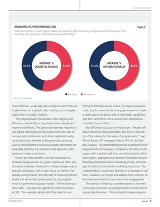 DataXu 5December 2014
SPONSORED CONTENT
more effective—especially when programmatic tools are
implemented on a global scale, making such strategies
viable even in smaller markets.
The programmatic conversation often begins with
efficiency—the ability to buy media more cheaply and
improve workflows. The operating expenses required to
run digital advertising can be several times the cost of
running ads on television and other traditional media,
so the economic benefits of programmatic practices
such as consolidated buying and custom exchanges are
especially attractive for marketers and agencies under
pressure to keep costs down.
Drawn by these benefits, the first companies to
embrace programmatic in a given market are often per-
formance marketers looking for a faster, cheaper way to
execute campaigns, with a keen focus on metrics. For
already-strong brands, the difficulty of measuring brand
health can be another good reason to use program-
matic for performance goals instead. “We’re looking to
drive sales,” says Raj Rao, global VP, eTransformation,
at 3M. “For example, almost all of the sales for our
Littmann Stethoscope are online, so a typical program-
matic buy for us would be to engage someone to view
a video about the device and its telehealth capabilities,
and then send them into a channel like Medshop to
complete the purchase.”
But efficiency is just part of the picture. “People talk
about efficiency and automation, but they’re only the
tip of the iceberg for the value of programmatic,” says
Martin Brown, VP, managing director of U.K. and Nor-
dics, DataXu. “By standardizing around a particular set of
programmatic technologies, companies can roll out cam-
paigns with a global scale from centralized points within
each region, aggregate and capture information around
branding and performance marketing activity, and lever-
age this data to drive better marketing outcomes.” By
understanding a customer’s reaction to a message in real
time, marketers can target and address that customer on
the impression level for true one-to-one engagement.
This blend of efficiency and effectiveness is mirrored
in the way marketers use programmatic for both brand-
ing and performance. “We’re trying to make program-
Figure 2BRANDING VS. PERFORMANCE ADS
What percentage of your digital media purchased or executed using programmatic technologies is for
branding ads and what is for performance advertising?
47.1% 51.5%52.9% 48.5%
n Branding n Performance
AVERAGE %
DOMESTIC MARKET
AVERAGE %
INTERNATIONALLY
Base = 351 respondents
 