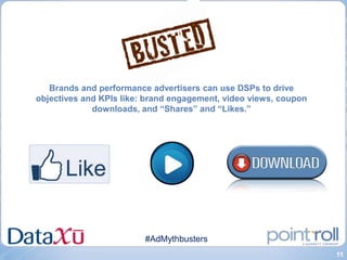 Brands and performance advertisers can use DSPs to drive
objectives and KPIs like: brand engagement, video views, coupon
             downloads, and “Shares” and “Likes.”




                         #AdMythbusters
                                                                  11
 