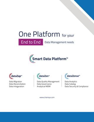 One Platform for your
Data Management needs
End to End
www.chainsys.com
Data Migration
Data Reconciliation
Data Integaration
Data Quality Management
Data Governance
Analytical MDM
Data Analytics
Data Catalog
Data Security & Compliance
 