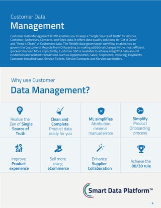 4
Customer Data Management (CDM) enables you to keep a “Single Source of Truth” for all your
Customer, Addresses, Contacts, and Sites data. It offers data quality solutions to “Get it Clean”
and “Keep it Clean” of Customers data. The flexible data governance workflow enables you to
govern the Customer’s lifecycle from Onboarding to making additional changes in the most efficient
quickest manner. More importantly, Customer 360 is available to achieve insightful data around
customers and related transactions such as Opportunities, Sales, Shipments, Invoicing, Payments,
Customer Installed base, Service Tickets, Service Contracts and Service workorders.
Management
Customer Data
Why use Customer
Data Management?
Realize the
Zen of Single
Source of
Truth
Clean and
Complete
Product data
ready for you
ML simplifies
Attribution,
minimal
manual errors
Simplify
Product
Onboarding
process
Improve
Product
experience
Sell more
using
eCommerce
Enhance
Supplier
Collaboration
Achieve the
80/20 rule
Smart Data Platform™
 