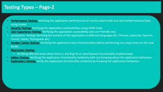 Testing Types – Page-2
• Performance Testing: Verifying the application performance on various work loads and also tested memory leaks
using Jmeter.
• Security Testing: Verifying the application vulnerabilities using VERA Code.
• User Experience Testing: Verifying the application accessibility and user friendly ness
• Localization Testing: Verifying the content of the application in different languages (Ex: Chinese, Japanese, Spanish,
French, Italian, Portuguese etc)
• Smoke/ Sanity Testing: Verifying the application basic functionalities before performing any major tests on the new
Builds.
• Regression Testing:
• Verifying affected areas when there is any Bug Fix or new feature/ functionality implemented.
• Adhoc Testing: Verifying the application functionality randomly with out knowing about the application behaviour.
• Exploratory Testing: Verify the application functionality randomly by knowing the application behaviour.
 