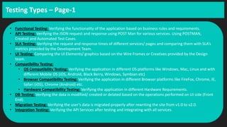 Testing Types – Page-1
• Functional Testing: Verifying the functionality of the application based on business rules and requirements.
• API Testing: Verifying the JSON request and response using POST Man for various services. Using POSTMAN,
Created and Automated Test Cases.
• SLA Testing: Verifying the request and response times of different services/ pages and comparing them with SLA’s
metrics provided by the Development Team.
• UI Testing: Comparing the UI Elements/ graphics based on the Wire Frames or Creatives provided by the Design
team.
• Compatibility Testing:
• OS Compatibility Testing: Verifying the application in different OS platforms like Windows, Mac, Linux and with
different Mobile OS (iOS, Android, Black Berry, Windows, Symbian etc)
• Browser Compatibility Testing: Verifying the application in different Browser platforms like FireFox, Chrome, IE,
Safari (iOS), Chrome (Android) etc.
• Hardware Compatibility Testing: Verifying the application in different Hardware Requirements.
• DB Testing: Verifying the data is modified/ created or delated based on the operations performed on UI side (Front
End).
• Migration Testing: Verifying the user’s data is migrated properly after rewriting the site from v1.0 to v2.0.
• Integration Testing: Verifying the API Services after testing and integrating with all services.
 