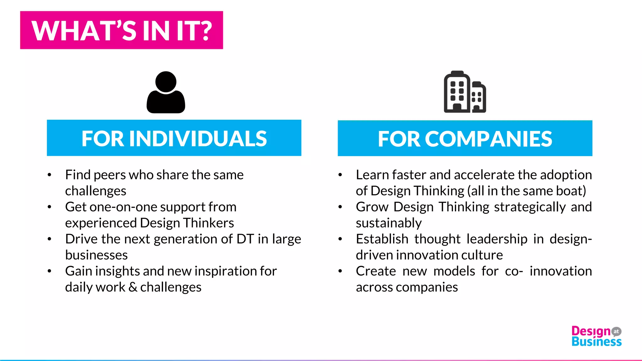 FOR INDIVIDUALS FOR COMPANIES
• Find peers who share the same
challenges
• Get one-on-one support from
experienced Design Thinkers
• Drive the next generation of DT in large
businesses
• Gain insights and new inspiration for
daily work & challenges
• Learn faster and accelerate the adoption
of Design Thinking (all in the same boat)
• Grow Design Thinking strategically and
sustainably
• Establish thought leadership in design-
driven innovation culture
• Create new models for co- innovation
across companies
WHAT’S IN IT?
 