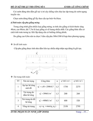 ĐỒ ÁN KĨ THUẬT THI CÔNG SỐ 1 GVHD: LÊ CÔNG CHÍNH
SVTH: PHẠM TUẤN NINH_LỚP 2010X6 Trang:…33…
Coi sườn đứng như dầm gối tại vị trí cây chống xiên chịu lực tập trung do sườn ngang
truyền vào.
Chọn sườn đứng bằng gỗ lấy theo cấu tạo bxh=8x10cm.
d.Tính toán cốp pha giằng móng
Trong công trình gồm nhiều loại giằng móng, ta tính cho giằng có kích thước rộng
40cm, cao 80cm, dài 7,7m là loại giằng có số lượng nhiều nhất. Các giằng khác đều có
cách tính toán tương tự. Khi lắp dựng cần có bulông chống phình.
Do giằng cao 0,8m nên ta chọn 3 tấm cốp pha 300x1500 tổ hợp theo phương ngang.
 Sơ đồ tính toán:
Cốp pha giằng được tính như dầm liên tục nhiều nhịp nhận nẹp đứng là gối tựa.
 Tải trọng tính toán:
TT Tên tải trọng Công thức n tc 2
q (kG / m ) tt 2
q (kG / m )
1
Áp lực bê tông
mới đổ
  tc
1
q .H 2500.0,7 1,3 1750 2275
2
Tải trọng do
đầm bê tông
tc 2
2
q 200kG/m 1,3 200 260
3
Tải trọng do đổ
bê tông
tc 2
3
q 400kG / m 1,3 400 520
4 Tổng tải trọng  1 2 3
q q max(q ;q ) 2150 2795
 