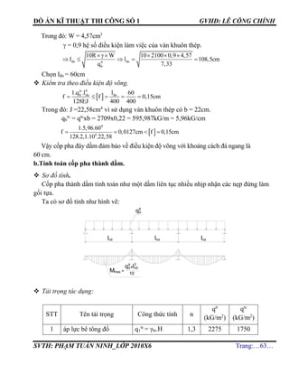 ĐỒ ÁN KĨ THUẬT THI CÔNG SỐ 1 GVHD: LÊ CÔNG CHÍNH
SVTH: PHẠM TUẤN NINH_LỚP 2010X6 Trang:…63…
Trong đó: W = 4,57cm3
 = 0,9 hệ số điều kiện làm việc của ván khuôn thép.
dn dntt
b
10R W 10 2100 0,9 4,57
l l 108,5cm
q 7,33
   
    
Chọn lđn = 60cm
 Kiểm tra theo điều kiện độ võng.
 
tc 4
b dn dn1.q .l l 60
f f 0,15cm
128EJ 400 400
    
Trong đó: J =22,58cm4
vì sử dụng ván khuôn thép có b = 22cm.
qb
tc
= qtc
xb = 2709x0,22 = 595,987kG/m = 5,96kG/cm
 
4
6
1.5,96.60
f 0,0127cm f 0,15cm
128.2,1.10 .22,58
   
Vậy cốp pha đáy dầm đảm bảo về điều kiện độ võng với khoảng cách đà ngang là
60 cm.
b.Tính toán cốp pha thành dầm.
 Sơ đồ tính.
Cốp pha thành dầm tính toán như một dầm liên tục nhiều nhịp nhận các nẹp đứng làm
gối tựa.
Ta có sơ đồ tính như hình vẽ:
 Tải trọng tác dụng:
STT Tên tải trọng Công thức tính n
qtt
(kG/m2
)
qtc
(kG/m2
)
1 áp lực bê tông đổ q1
tc
= bt.H 1,3 2275 1750
Mmax
qtt
bxl2
nd
=
10
lnd lnd lnd
qtt
b
 