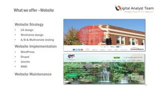 Website Strategy
• UX design
• Wireframe design
• A/B & Multivariate testing
Website Implementation
• WordPress
• Drupal
• Joomla
• RWD
Website Maintenance
What we offer –Website
18
 