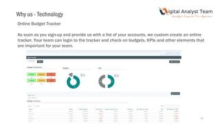 35
Online Budget Tracker
As soon as you sign-up and provide us with a list of your accounts, we custom create an online
tracker. Your team can login to the tracker and check on budgets, KPIs and other elements that
are important for your team.
Why us - Technology
 