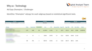 37
Ad Copy Champion / Challenger
Identifies “Champion” adcopy for each adgroup based on statistical significant tests
Why us - Technology
 