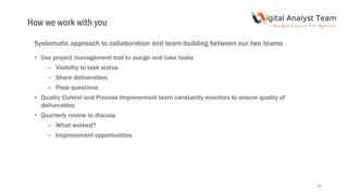49
Systematic approach to collaboration and team building between our two teams
• Use project management tool to assign and take tasks
– Visibility to task status
– Share deliverables
– Pose questions
• Quality Control and Process Improvement team constantly monitors to ensure quality of
deliverables
• Quarterly review to discuss
– What worked?
– Improvement opportunities
How we work with you
 