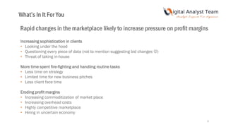 6
Increasing sophistication in clients
• Looking under the hood
• Questioning every piece of data (not to mention suggesting bid changes )
• Threat of taking in-house
More time spent fire-fighting and handling routine tasks
• Less time on strategy
• Limited time for new business pitches
• Less client face time
Eroding profit margins
• Increasing commoditization of market place
• Increasing overhead costs
• Highly competitive marketplace
• Hiring in uncertain economy
What’s In It For You
Rapid changes in the marketplace likely to increase pressure on profit margins
 