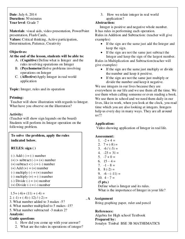 Integer Lesson Plan Integer Lesson Plan