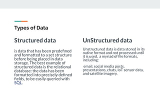 Structured data
is data that has been predeﬁned
and formatted to a set structure
before being placed in data
storage. The best example of
structured data is the relational
database: the data has been
formatted into precisely deﬁned
ﬁelds, to be easily queried with
SQL.
Types of Data
UnStructured data
Unstructured data is data stored in its
native format and not processed until
it is used, a myriad of ﬁle formats,
including:
email, social media posts,
presentations, chats, IoT sensor data,
and satellite imagery.
 