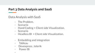 Part 3 Data Analysis and SaaS
Data Analysis with SaaS
- The Problem.
- Scenario
- Hand Coding + Client side Visualization.
- Scenario
- Headless BI + Client side Visualization.
- Embedding and integration
- Tableau
- Devexpress , telerik
- Power Bi
 