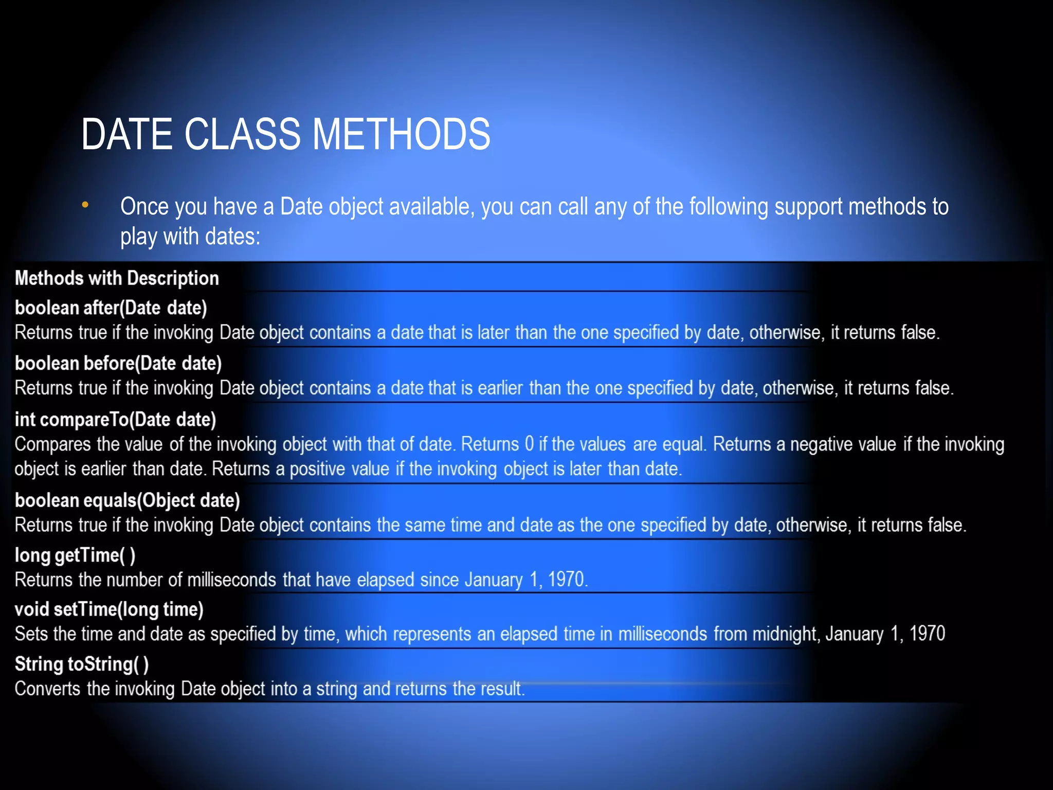 DATE CLASS METHODS
•   Once you have a Date object available, you can call any of the following support methods to
    play with dates:
 