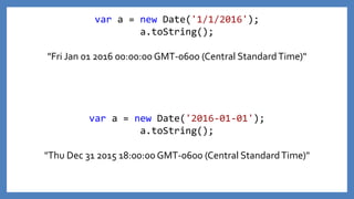 var a = new Date('2016-01-01');
a.toString();
"Thu Dec 31 2015 18:00:00 GMT-0600 (Central StandardTime)"
var a = new Date('1/1/2016');
a.toString();
"Fri Jan 01 2016 00:00:00 GMT-0600 (Central StandardTime)"
 