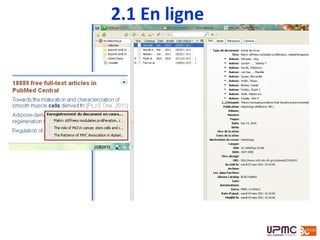 Les éléments à sélectionner correspondent à ceux affichés
sur la page en cours
Pour récupérer tous les résultats d’une requête :
• Modifier les paramètres d’affichage des résultats (20 per page à 50
ou 100 per page) ou
• Créer un fichier .ris (ou.bib) puis l’importer dans Zotero
2.1 En
ligne
 